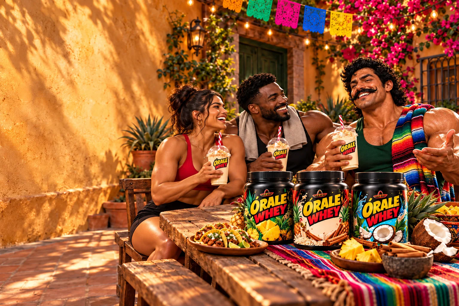 Original illustrated Órale characters share shakes and tacos in a colorful Mexican courtyard
