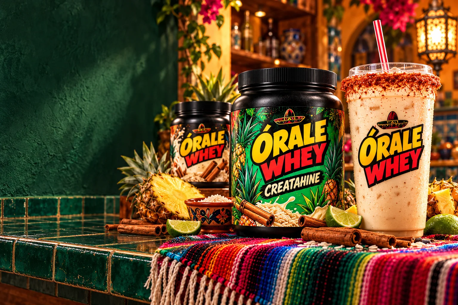 An Órale Whey shake and colorful protein tubs at a green Mexican cantina
