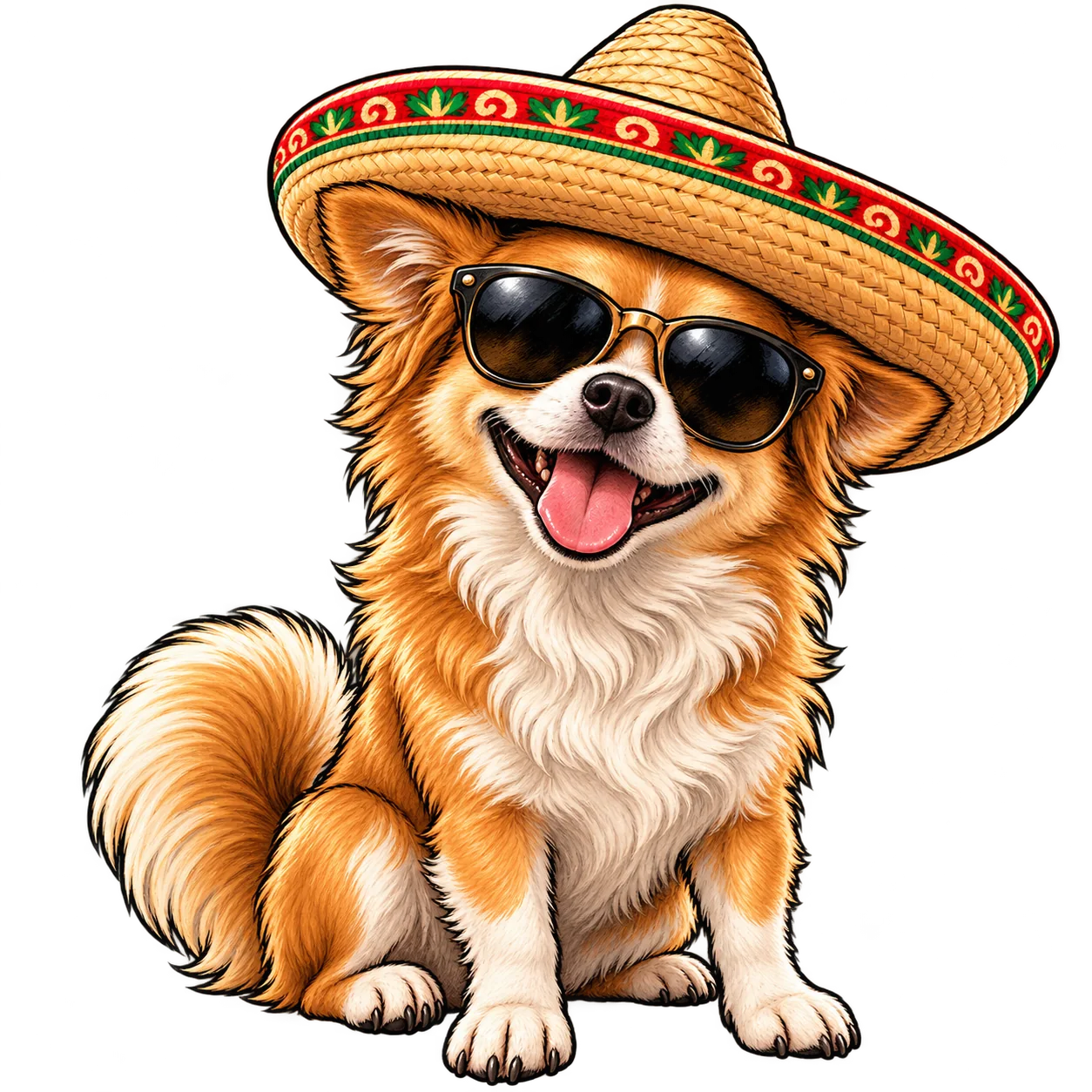 The Órale Whey dog sidekick, wearing sunglasses and a colorful sombrero