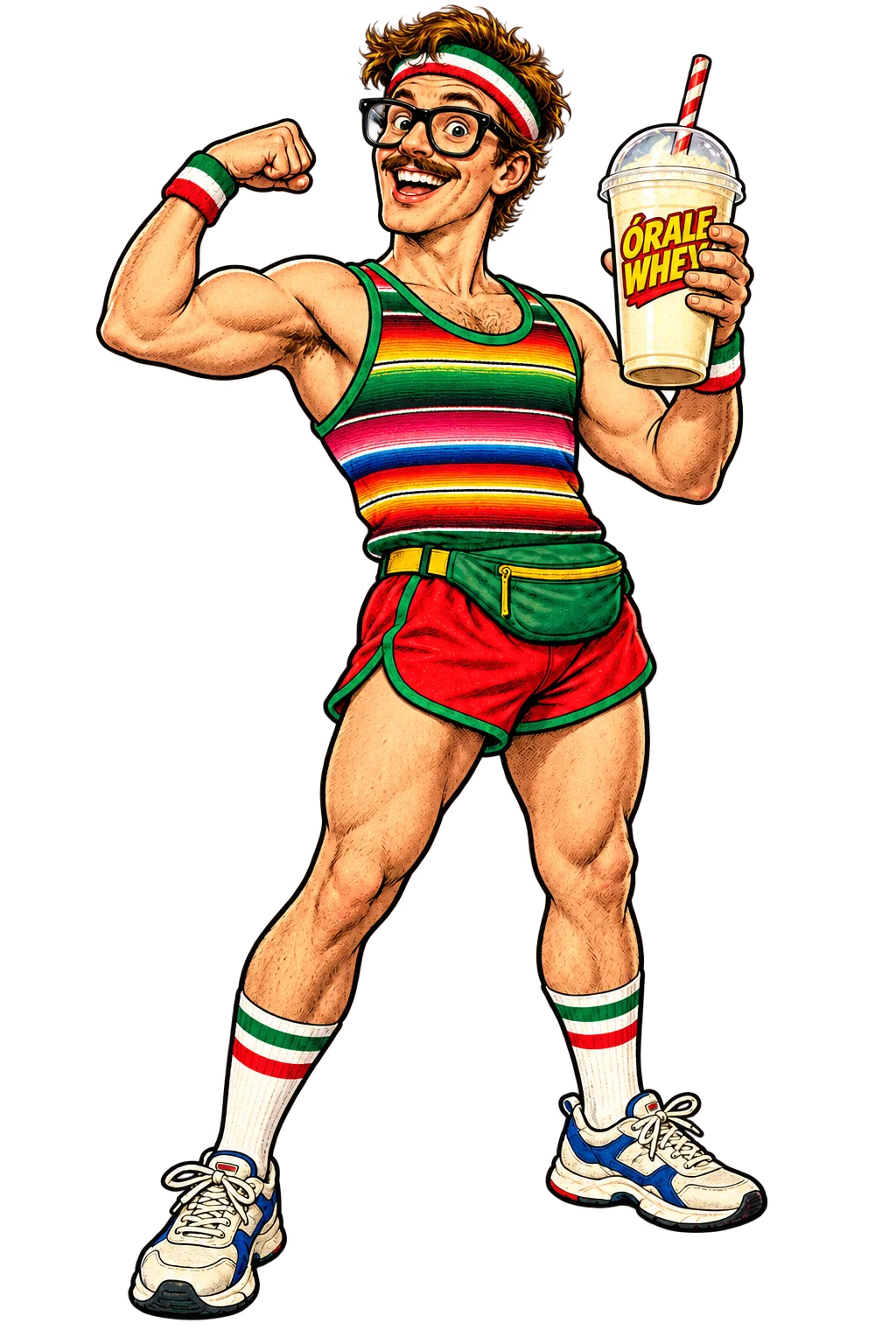 Vanilla Gringo's enthusiastic character with huge glasses, headband, a colorful serape tank, and fanny pack