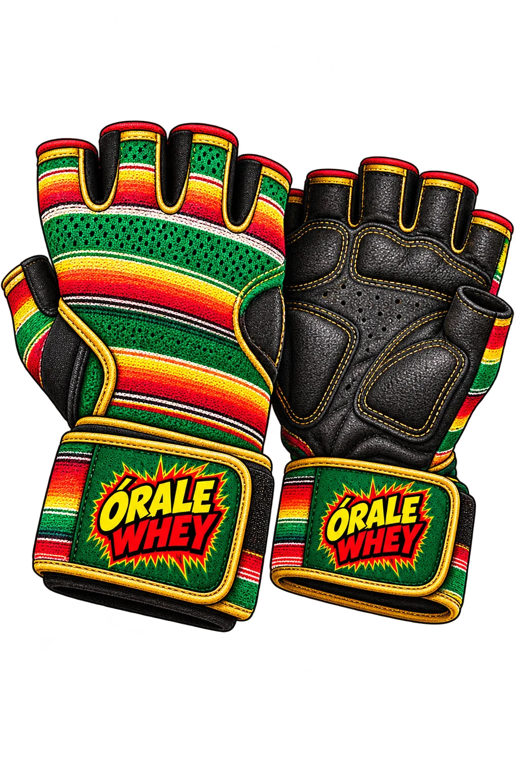 Colorful workout gloves with Órale Whey branding