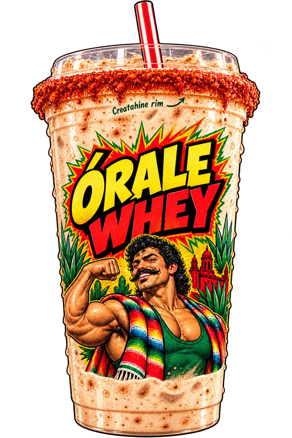 Órale Cup with Órale Whey branding, a striped straw, and small Creatahine rim print pointing to the red rim