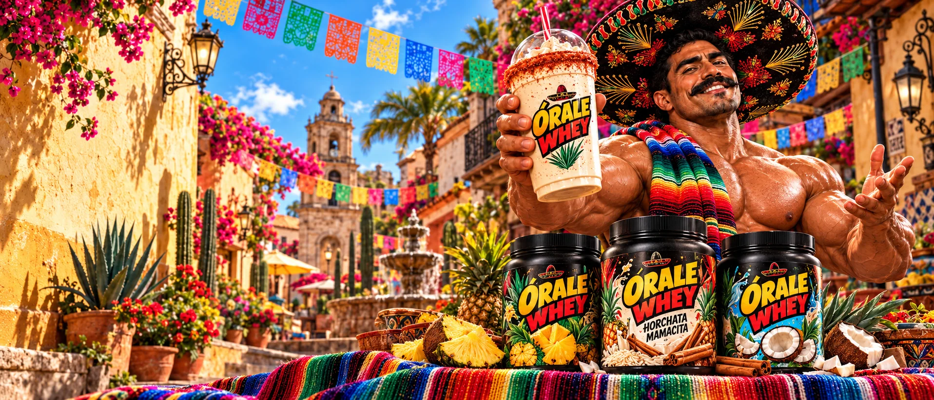 Órale Whey’s colorful Mexican street world: a huge mustachioed mascot in a sombrero and serape, a red-rim shake, and black flavor tubs beneath papel picado