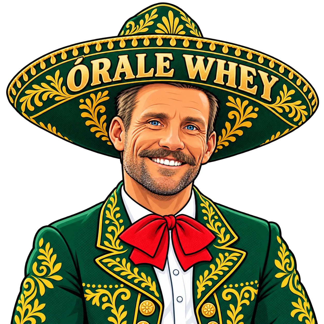 Andy Schmeiss as an illustrated Órale Whey character in a branded Órale Whey sombrero and embroidered charro-inspired jacket
