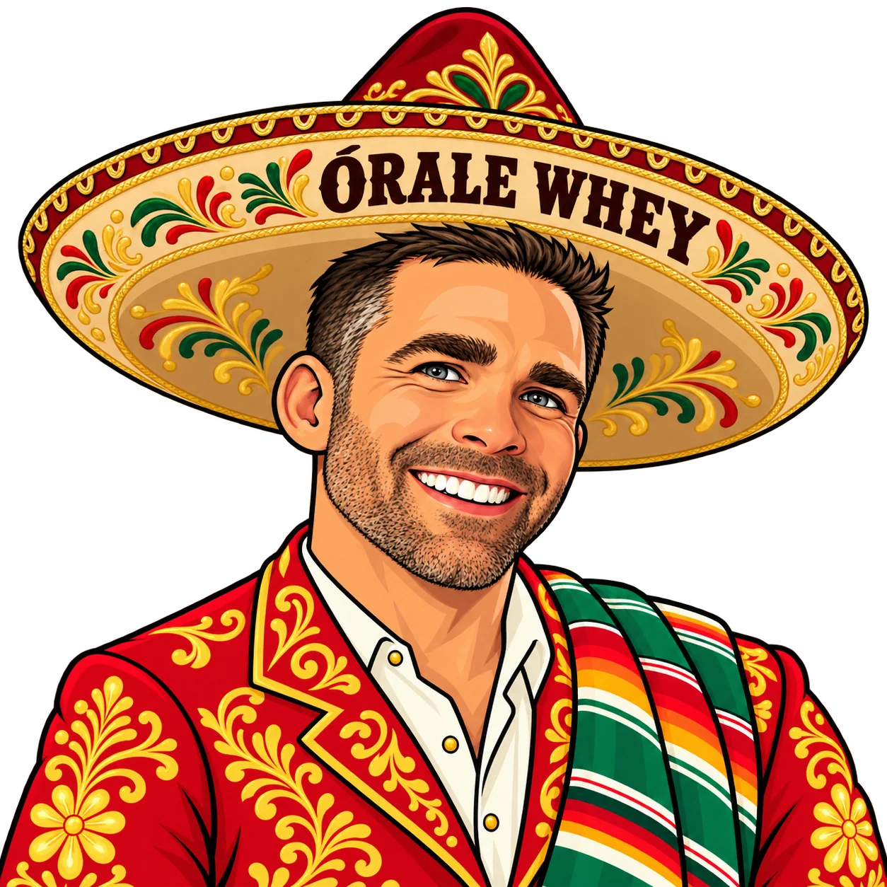 Ryan Judy as an illustrated Órale Whey character in a branded Órale Whey sombrero and embroidered charro-inspired jacket